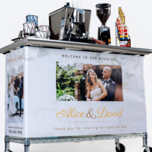 coffee cart lower angle with wedding banner
