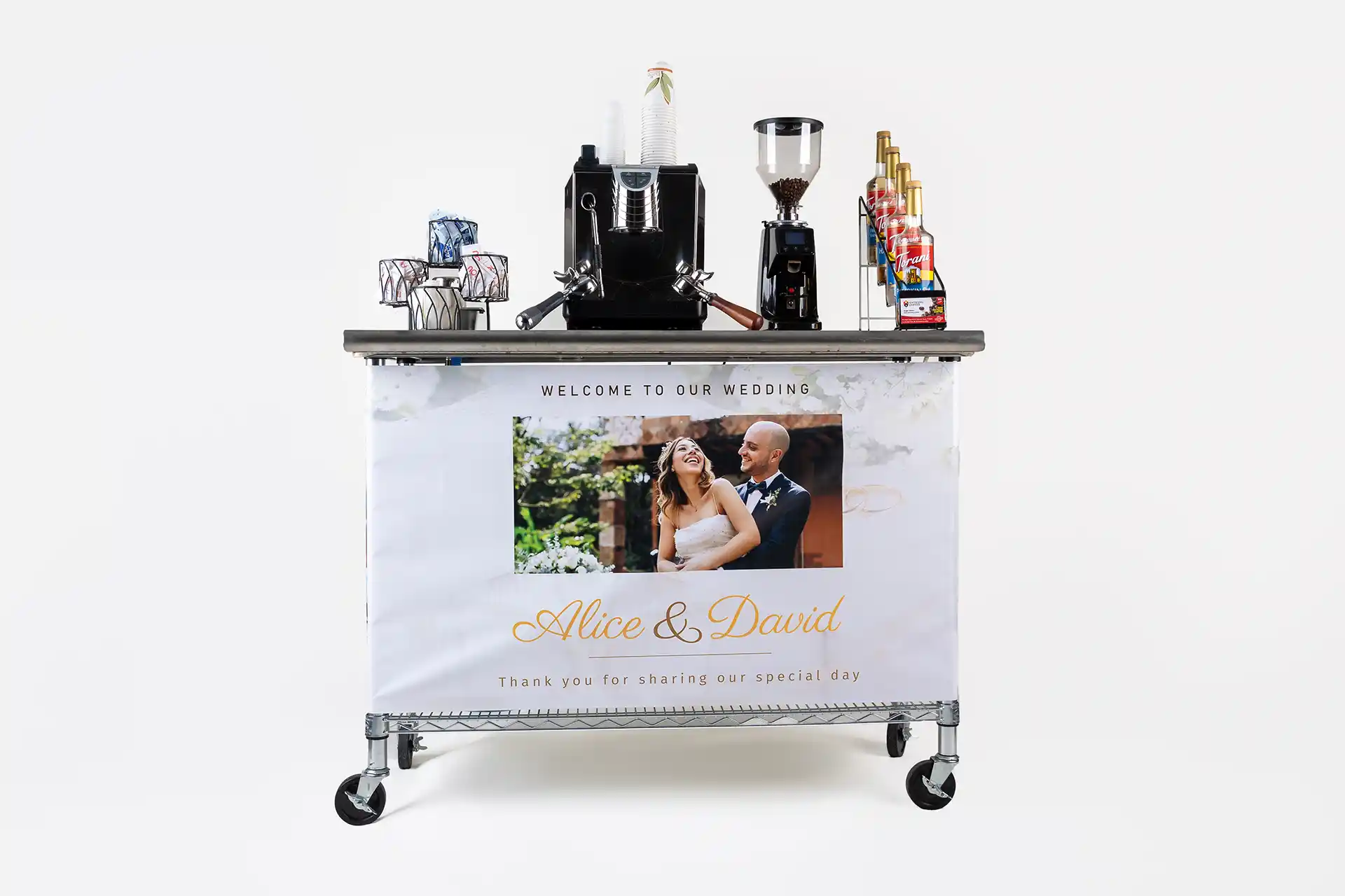 White mobile coffee cart in South Florida in wedding event