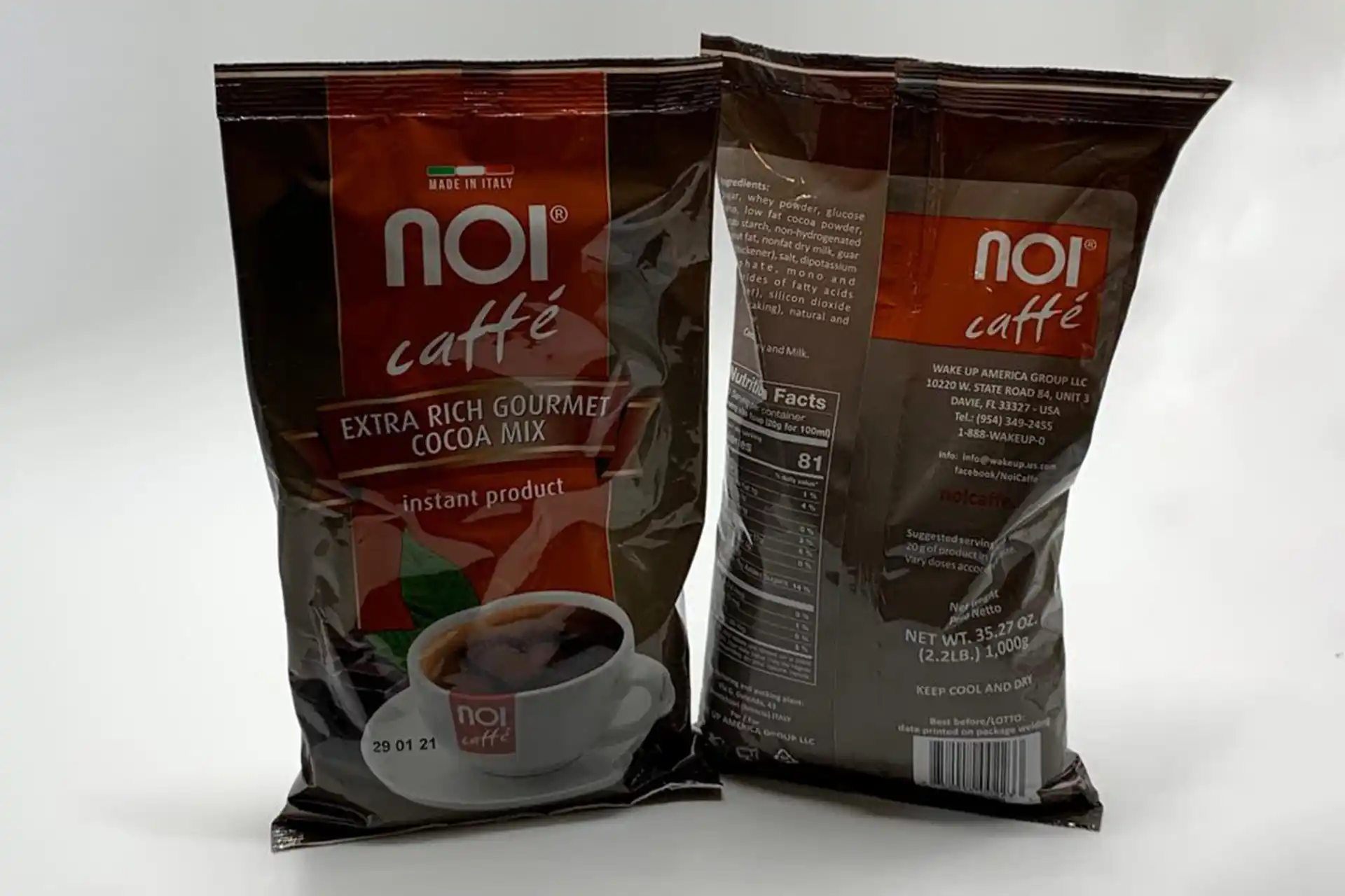 Noi instant chocolate powder front and back view